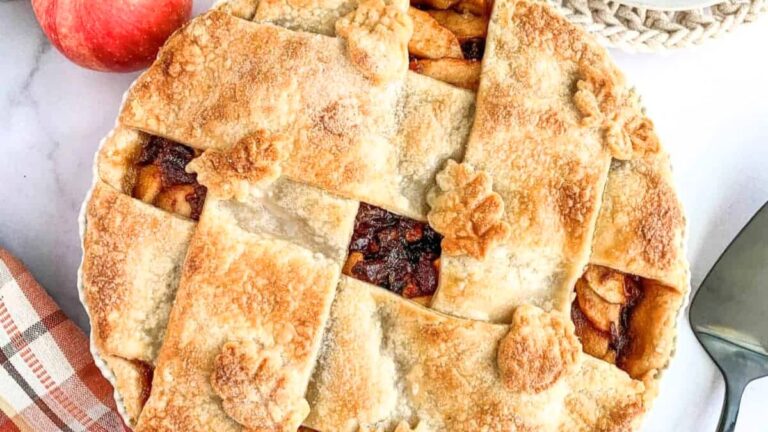 Overhead image of pie on kitchen counter.