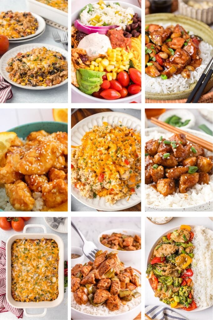 Photo collage with chicken and rice dinner ideas.