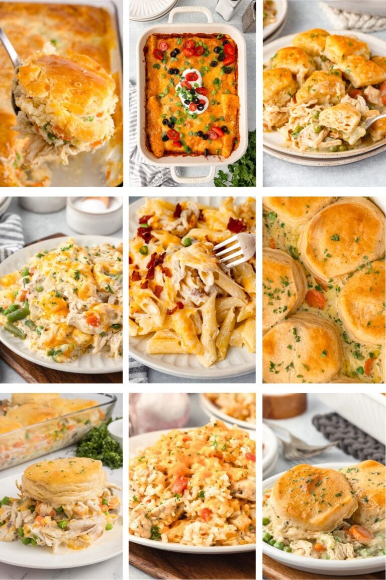 Photo collage with chicken casserole recipes.