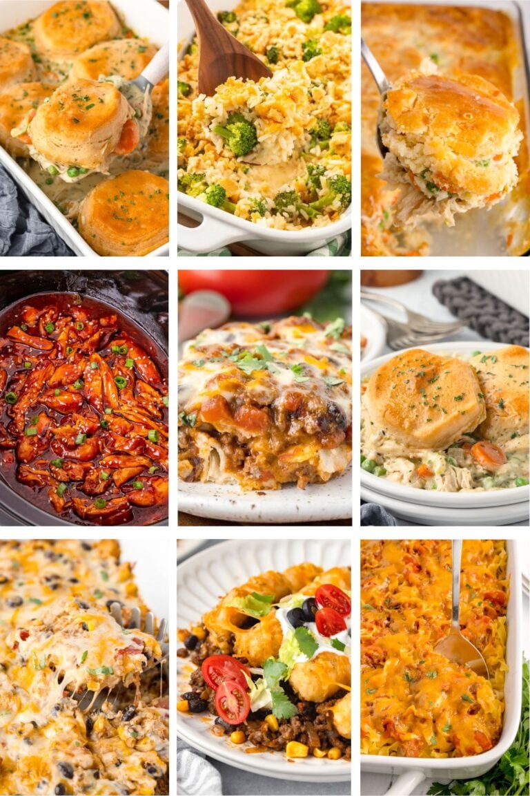 Photo collage with cozy fall casserole recipes.