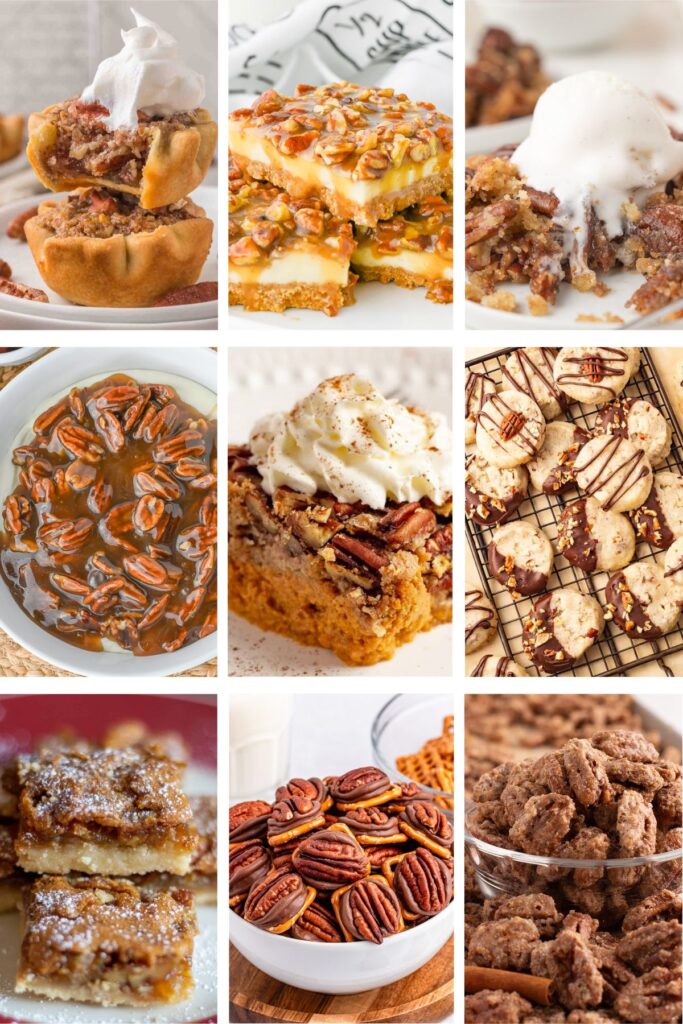 Photo collage with pecan desserts and treats.