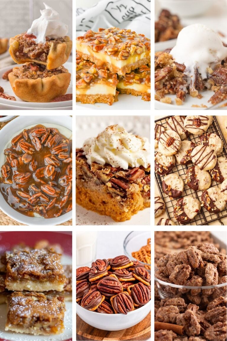 Photo collage with pecan desserts and treats.