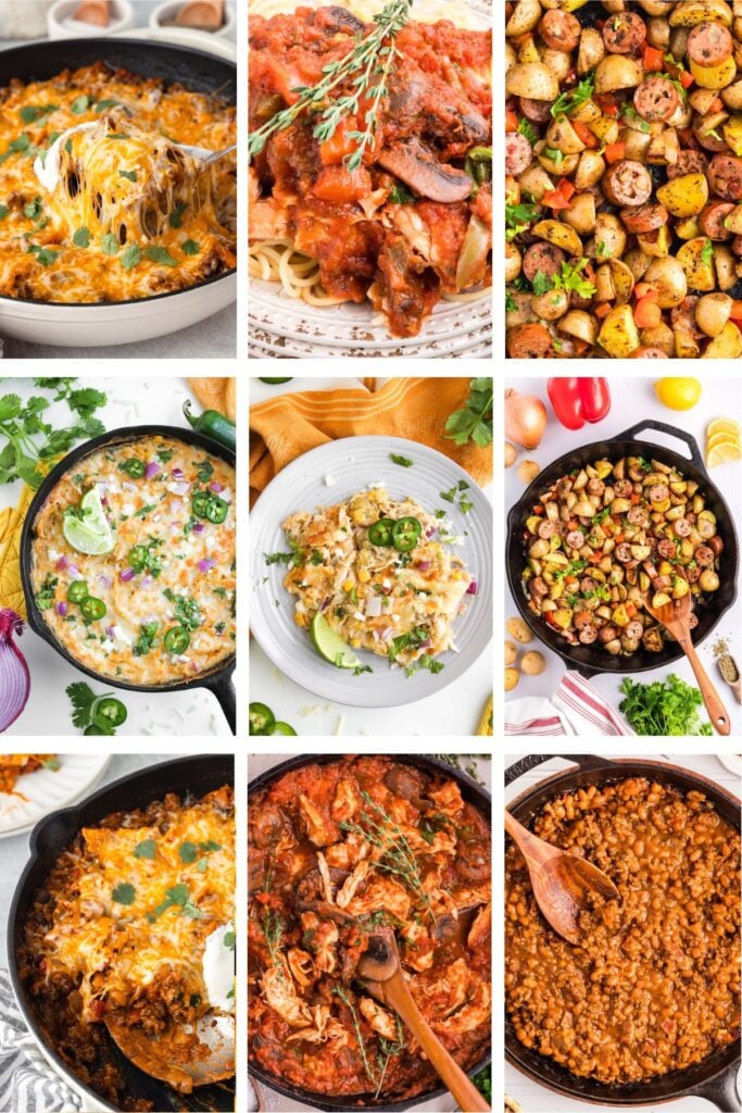 Photo collage with skillet dinner ideas.