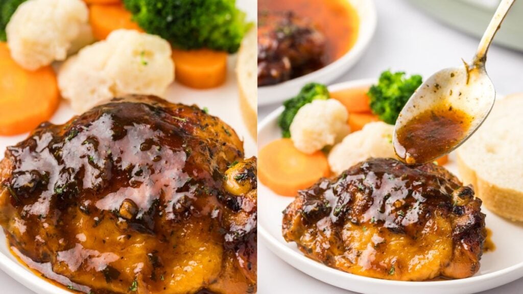 Slow cooker chicken thighs on a white plate.