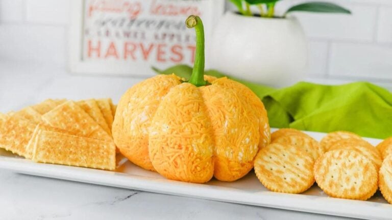 Pumpkin cheese ball on a white plate with crackers.
