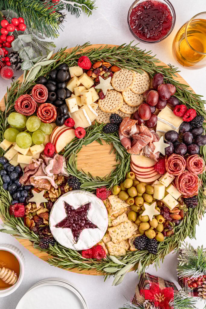 Christmas wreath charcuterie board overhead image.