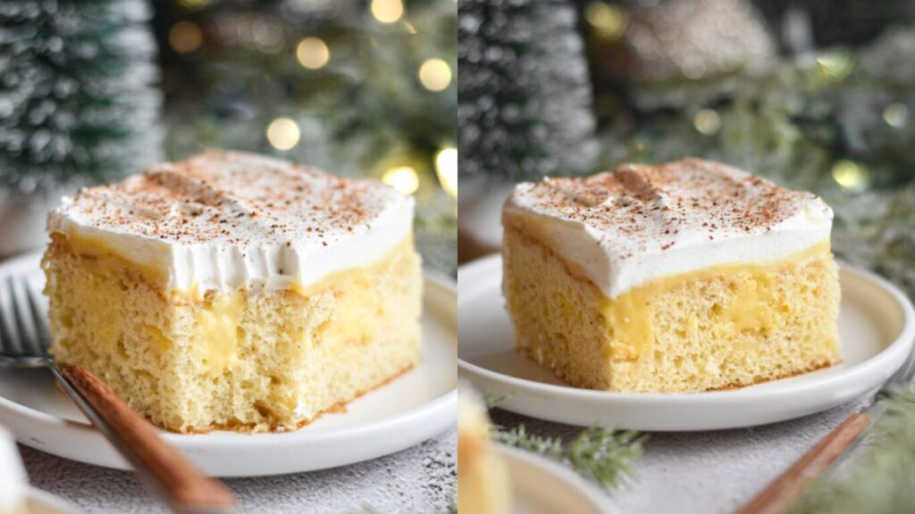 Eggnog poke cake on a white plate.