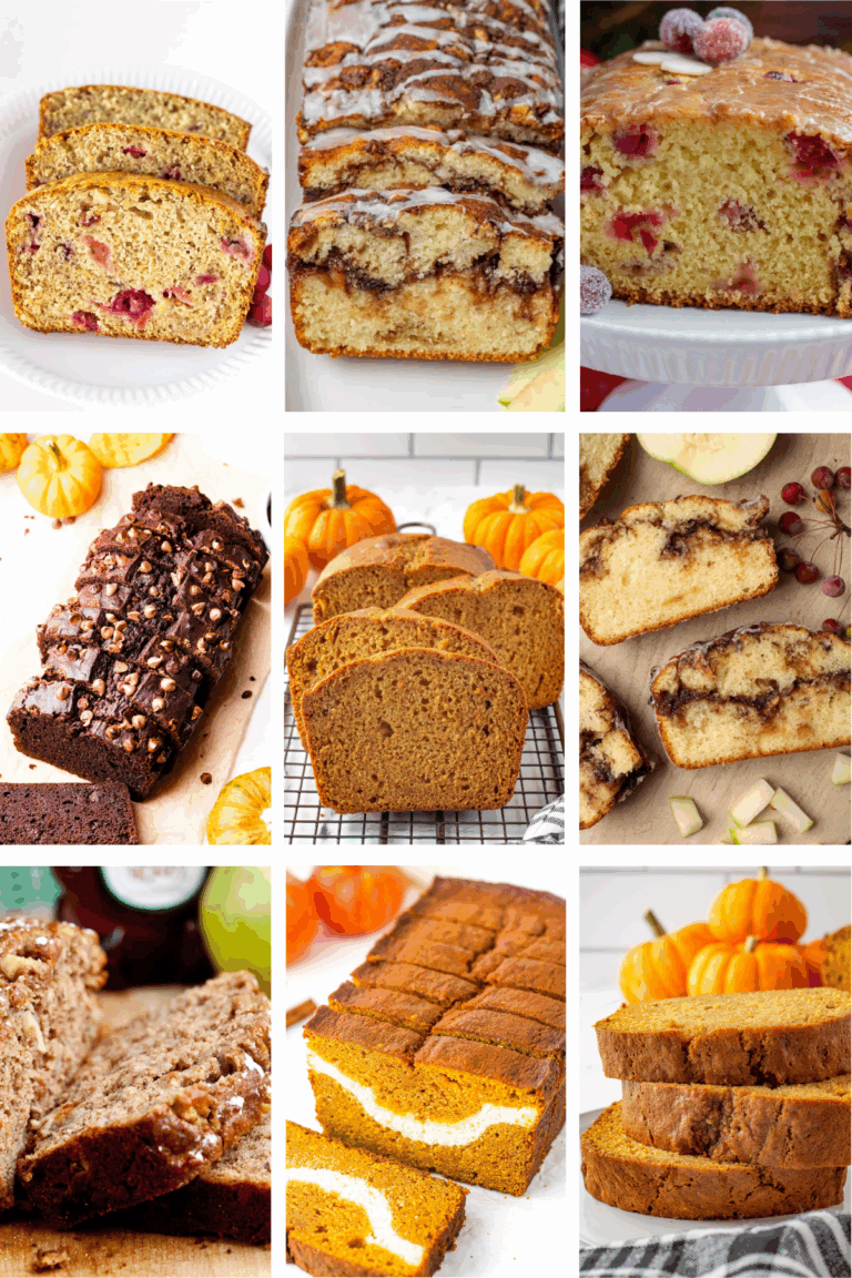 Photo collage with fall loaf cake recipes.