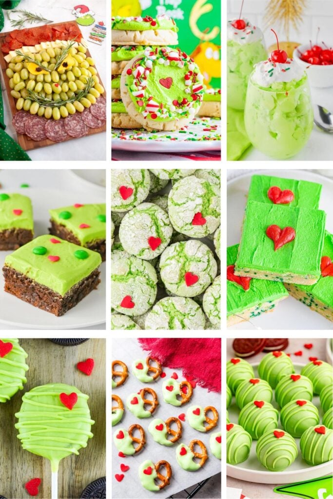 Photo collage with Grinch themed recipes.