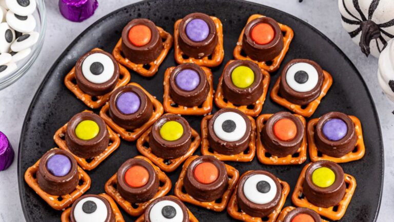 Monster pretzel rolo snacks on a plate.
