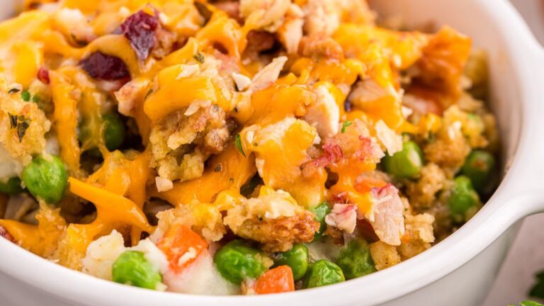 Leftover turkey casserole serrved in a bowl.