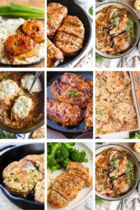 Photo collage with plated pork chop recipes.
