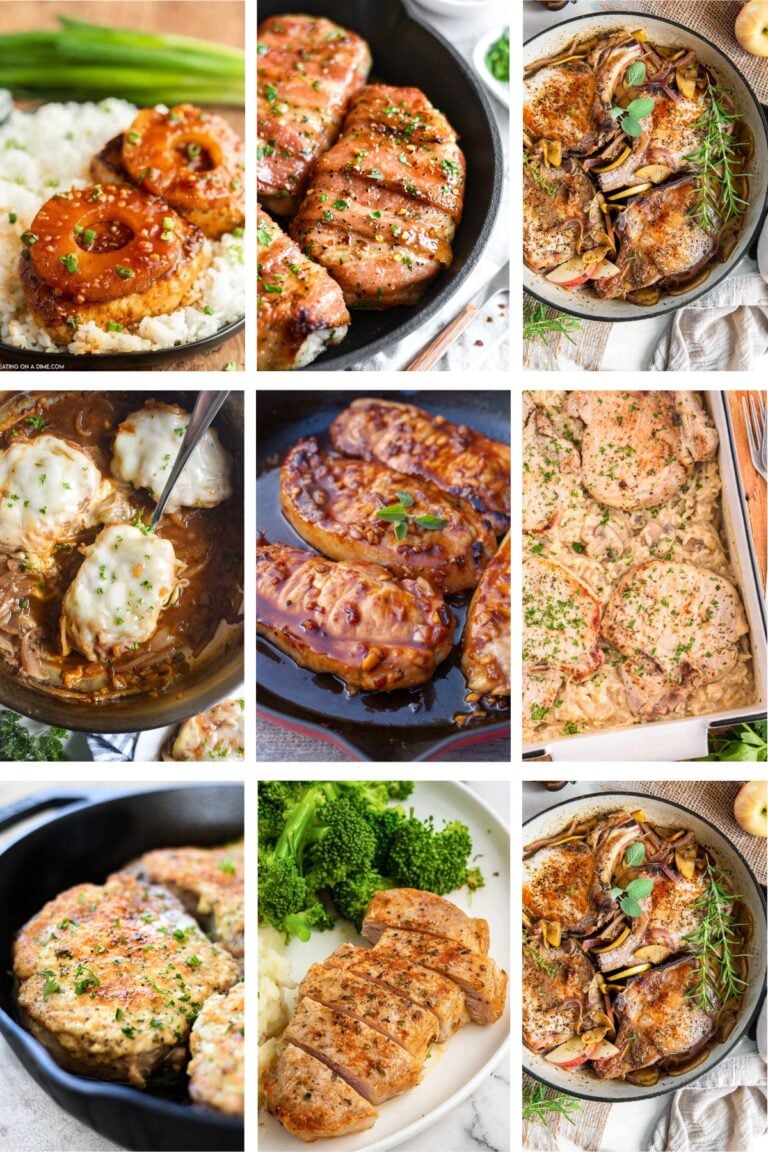 Photo collage with plated pork chop recipes.