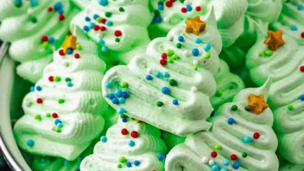 Christmas tree meringue close up image.