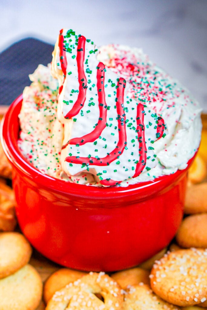 Christmas tree dip in a red glass bowl.