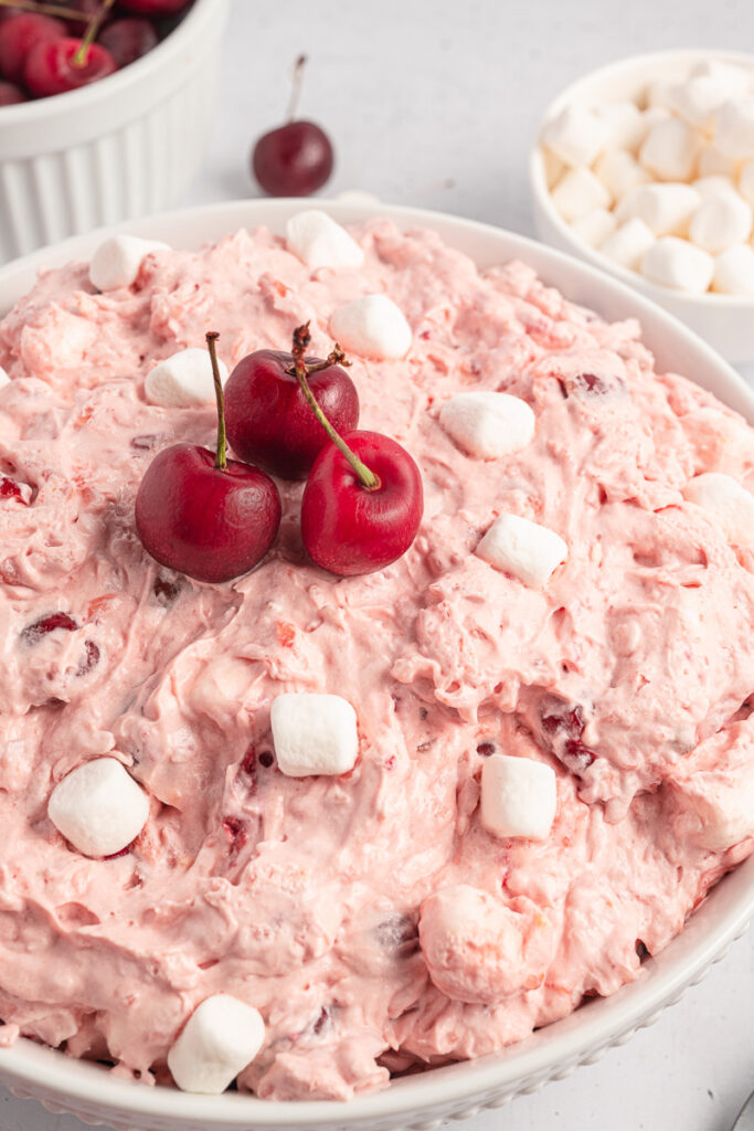 Cherry fluff in a white bowl.