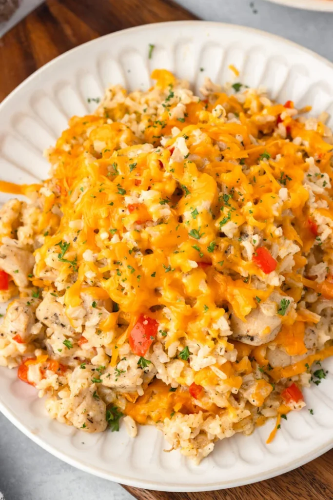 Chicken and rice casserole served on a white plate.