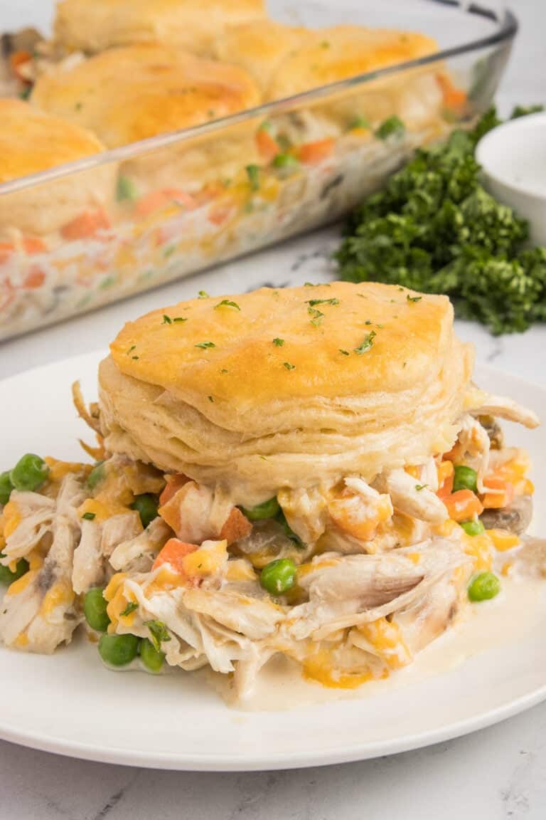 Chicken pot pie casserole with biscuits.