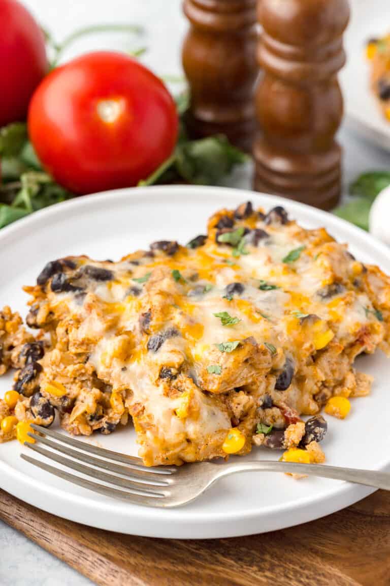 Mexican chicken casserole on a white plate.