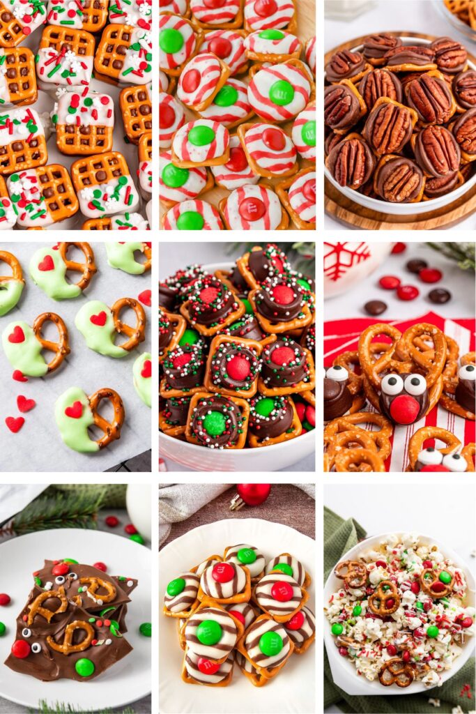 Christmas pretzel treats photo collage.