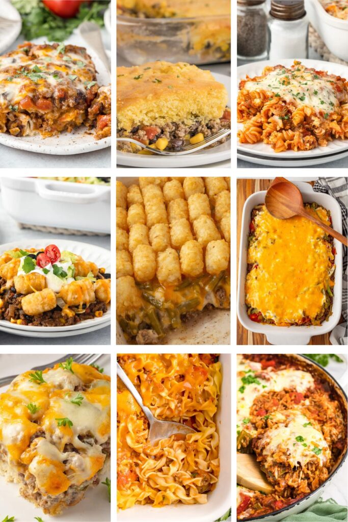 Photo collage with hamburger casserole recipes.
