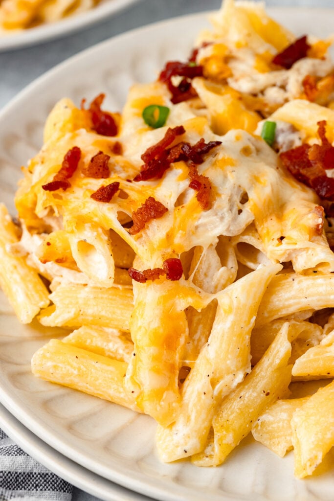 Ranch chicken bacon casserole on a white plate.