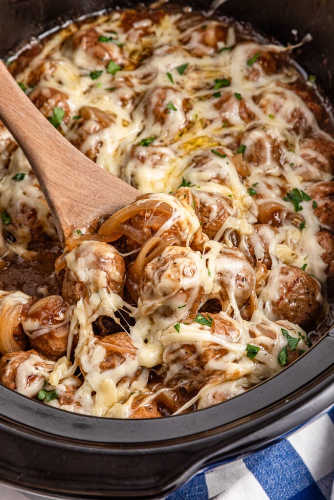French onion meatballs in slow cooker.