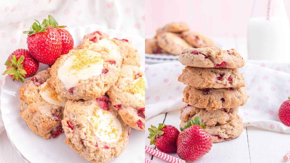 Strawberry cheesecake cookies stacked on a white plate.