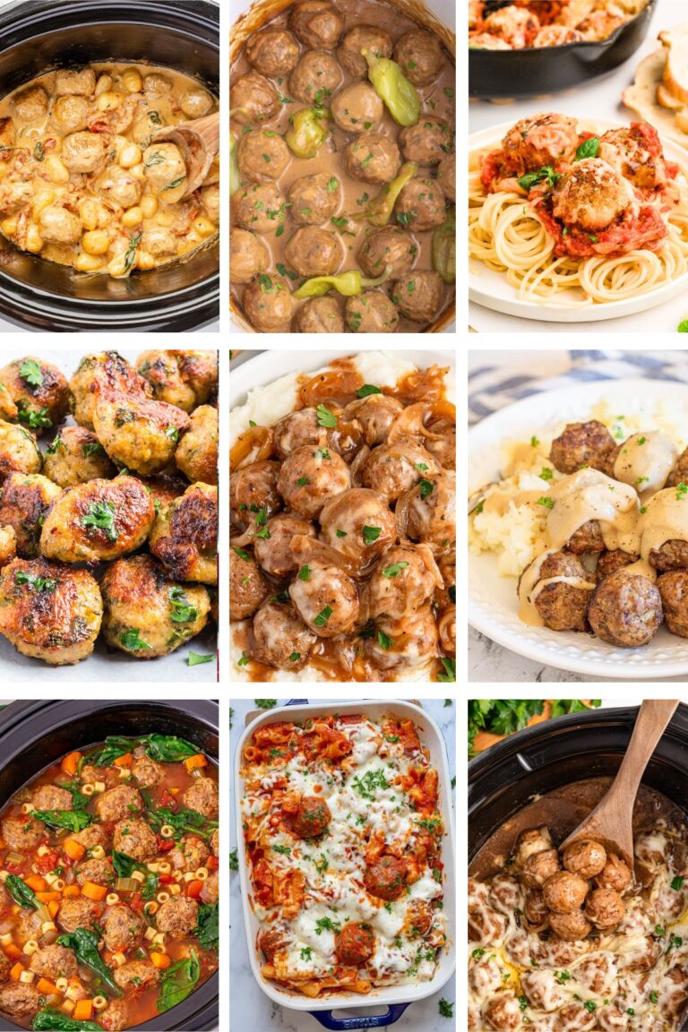 Photo collage with meatball dinner ideas.