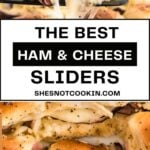 Ham and cheese sliders scooped up on serving spoon showing the cheesiness.