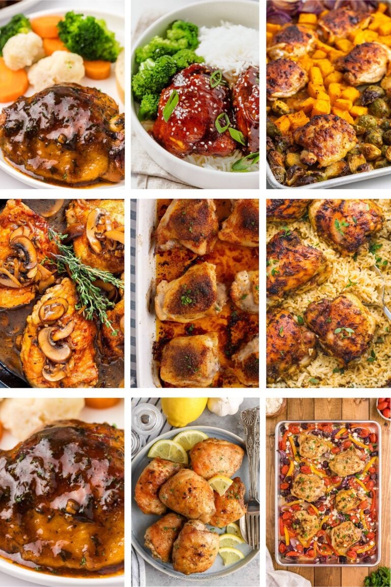 Photo collage with chicken thigh recipes.