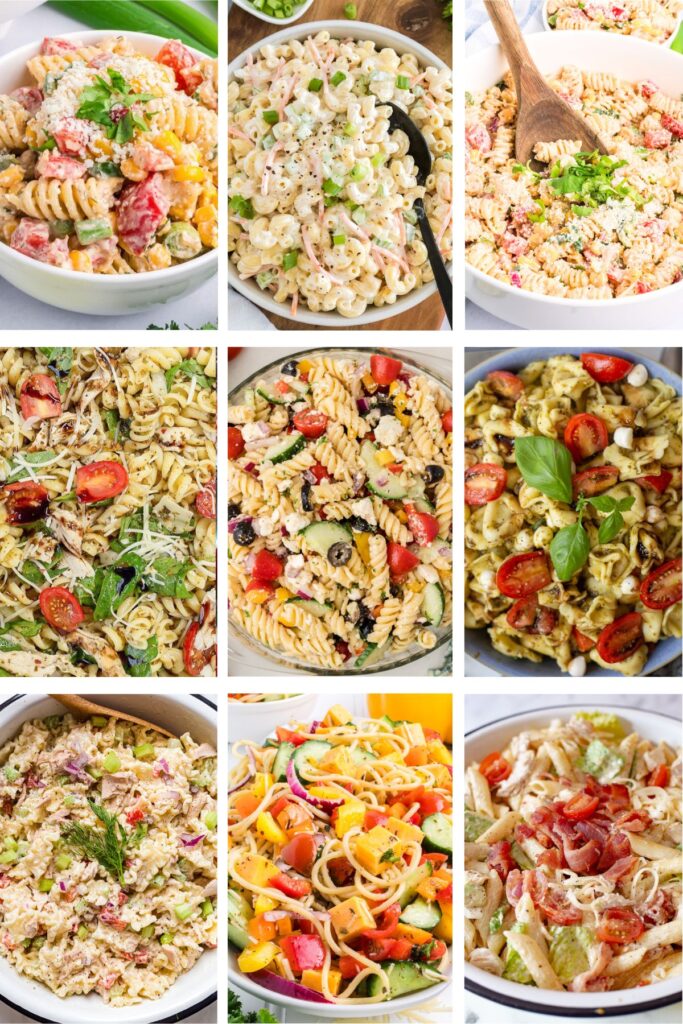 Photo collage with pasta salad recipes.