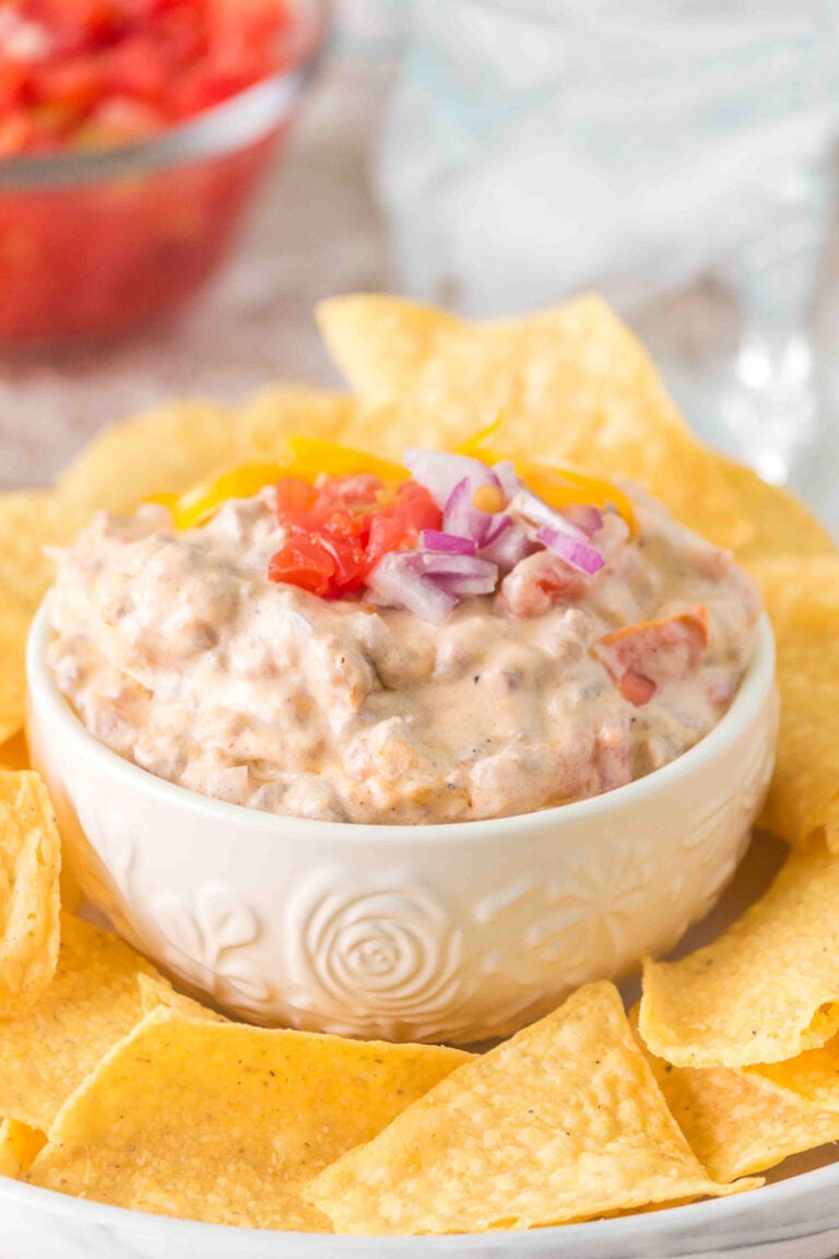 Rotel dip with ground beef in bowl with nachos on the side.