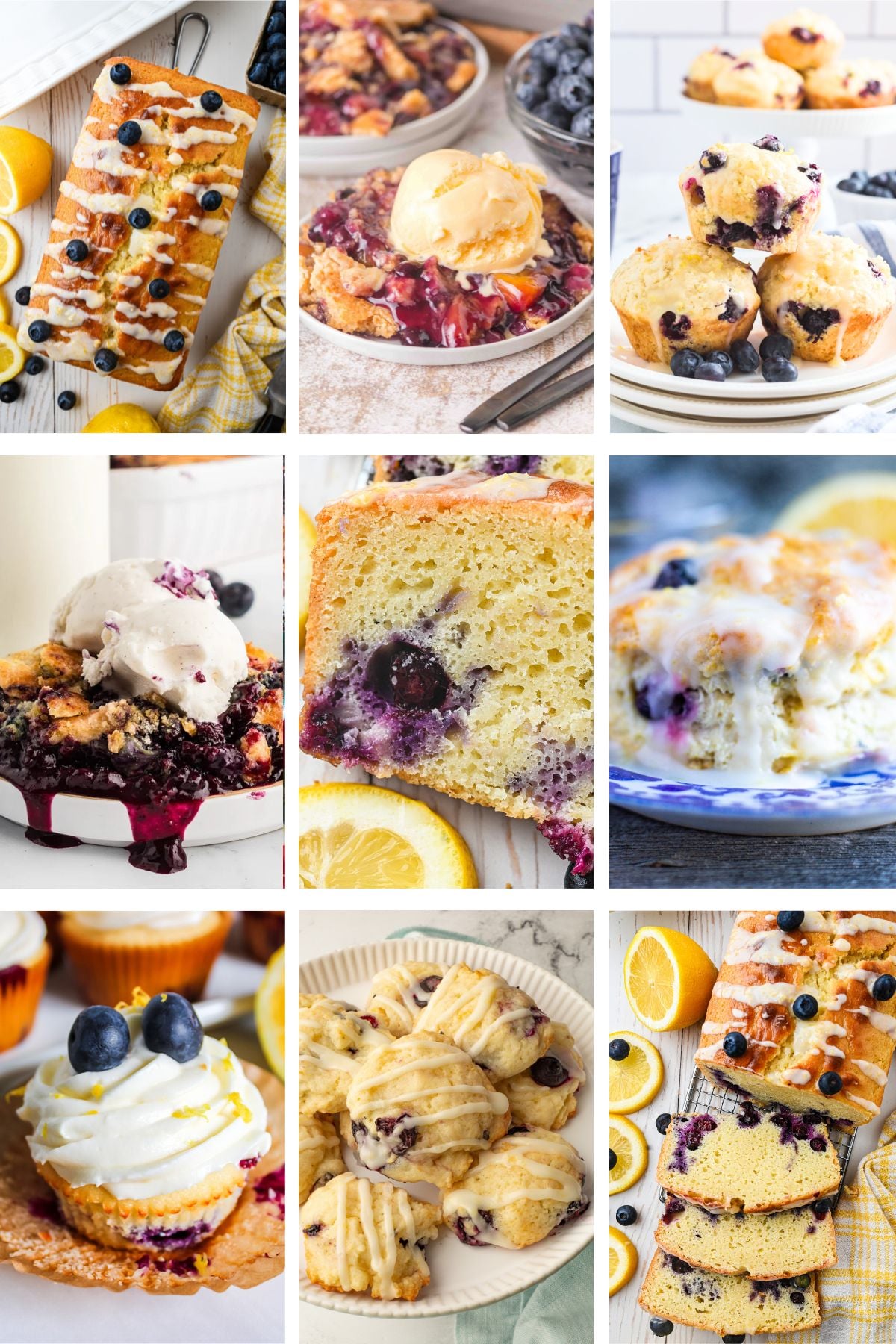 Photo collage with blueberry muffins, quick breads, dump cakes and scones.