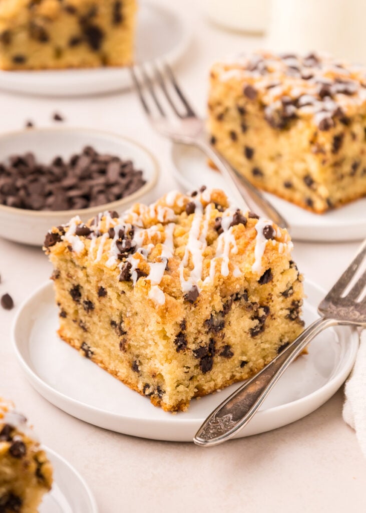 Chocolate chip coffee cake on a white plate.