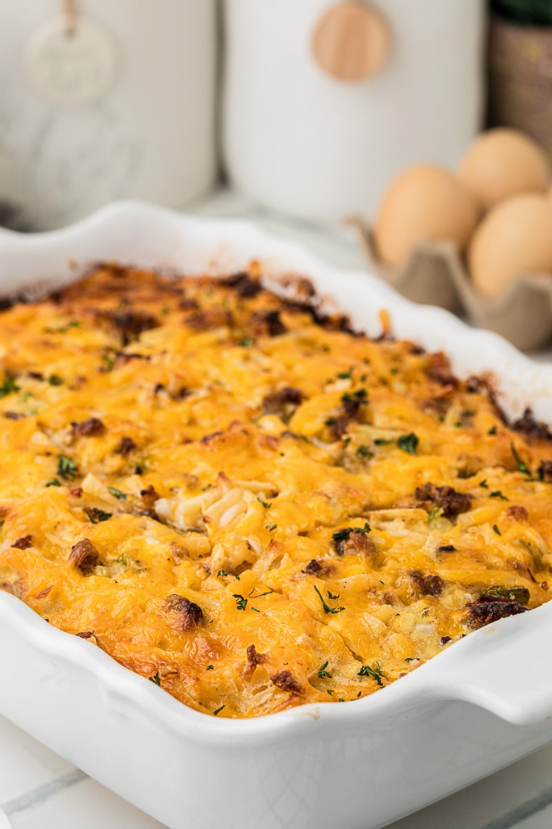 Breakfast casserole with hashbrowns in baking dish fresh from the oven.