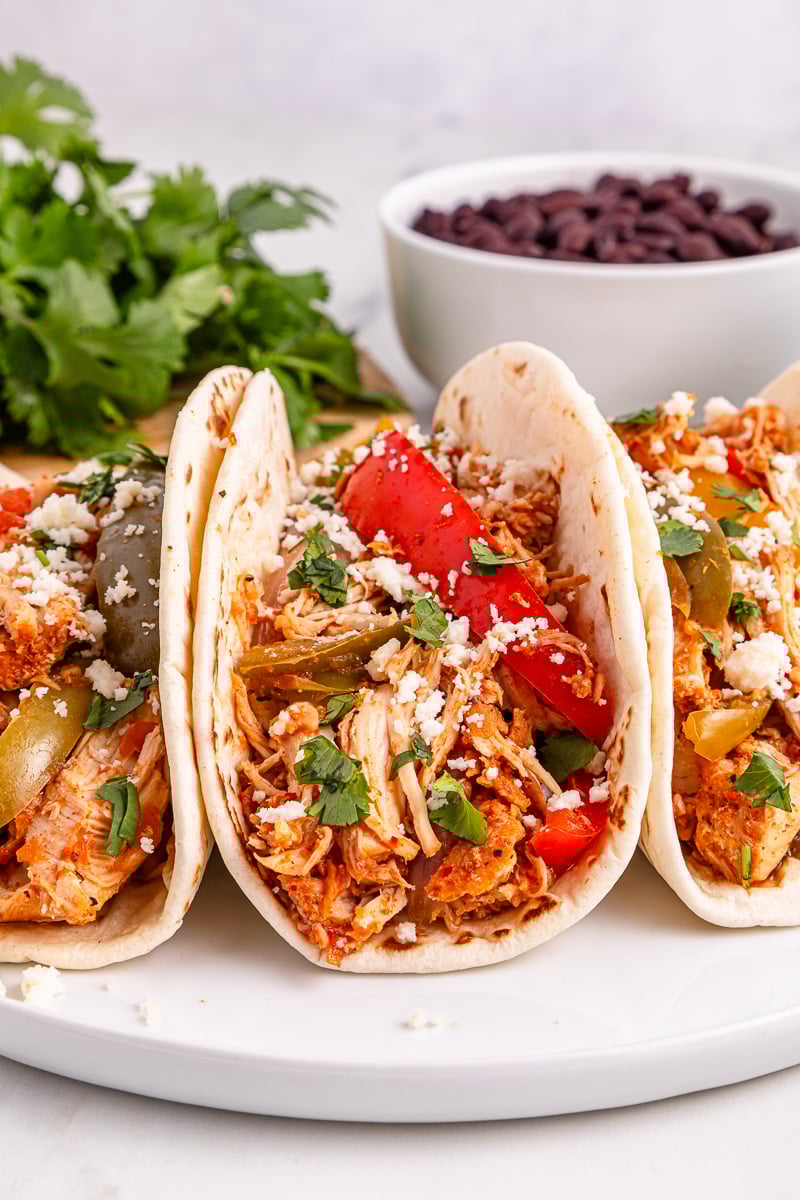 Flour tortillas filled with slow cooker chicken fajitas filling.
