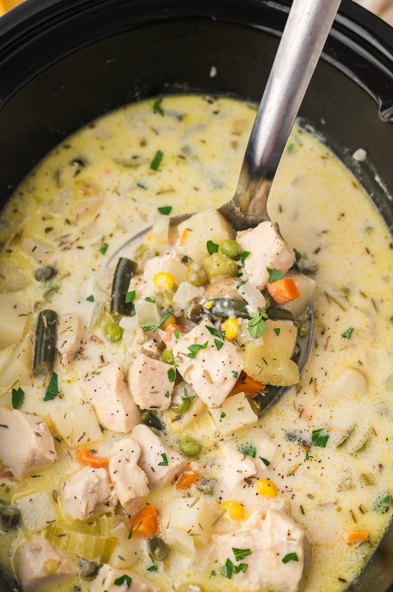 Chicken pot pie soup in crockpot.