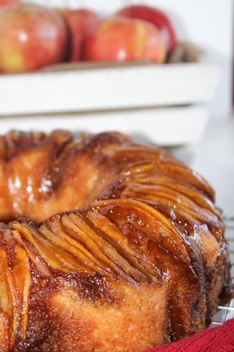 Side view of caramel apple bundt cake.