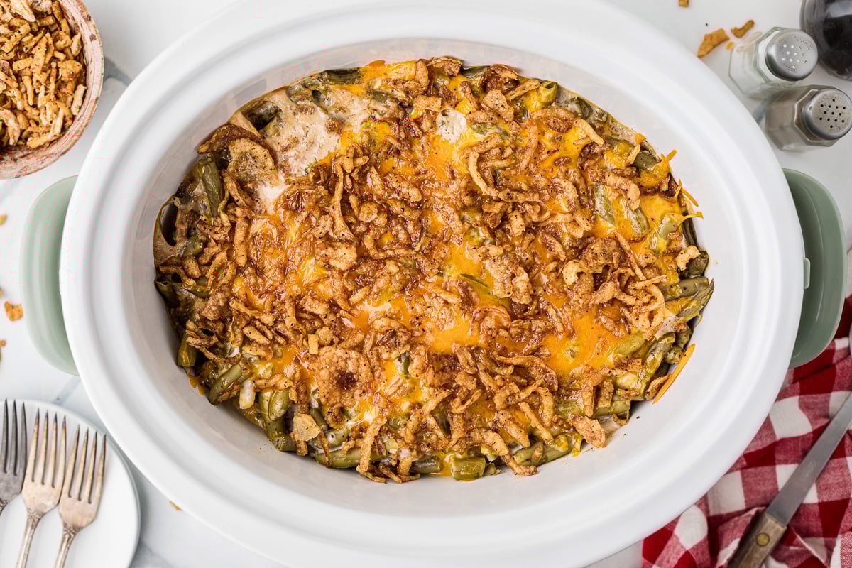 Finished dish of green bean casserole in crockpot.
