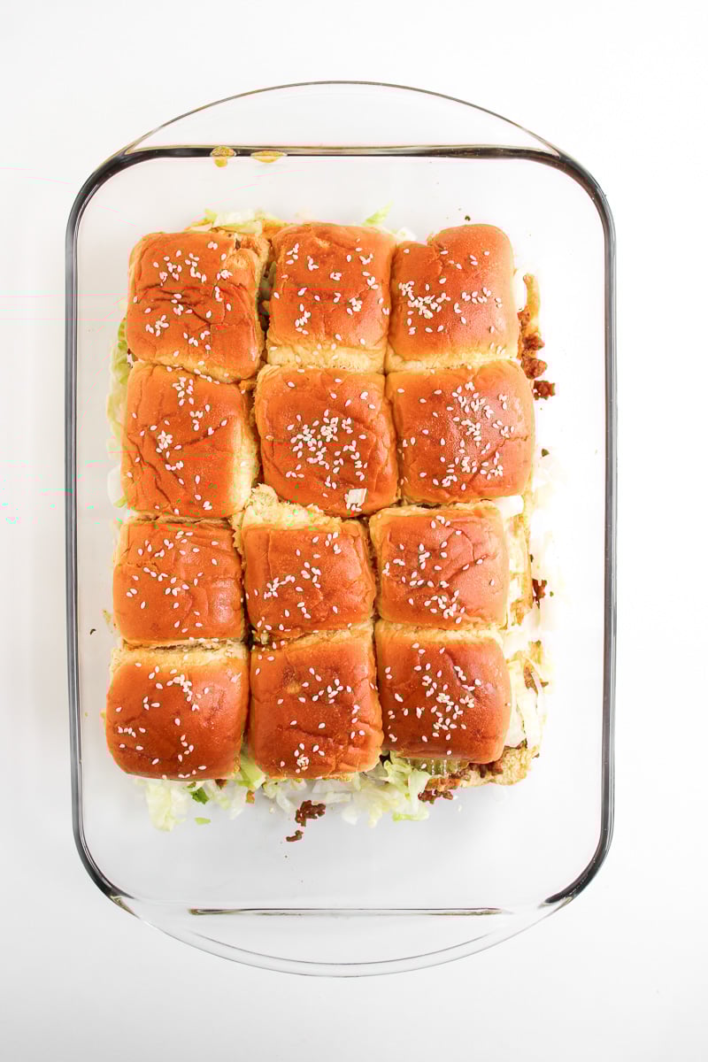 Big mac sliders fresh from the oven.