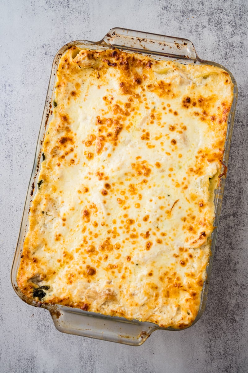 Finished dish of lasagna.