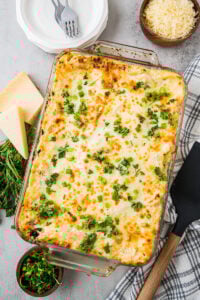 Chicken alfredo lasagna overhead view in baking dish.
