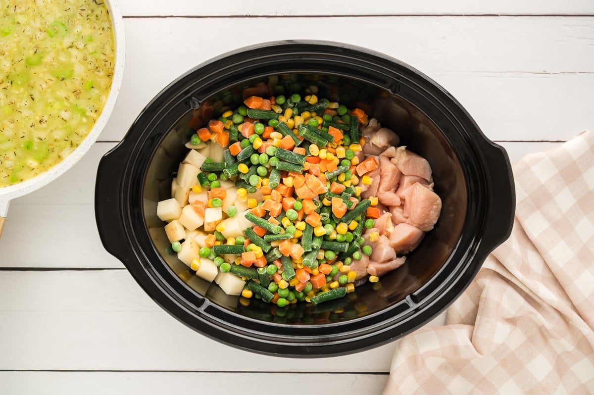 Chicken, vegetables and potoates in crockpot.