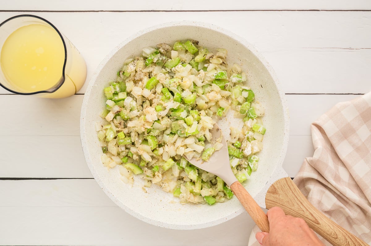 Onions, celery and pepper in skillet.