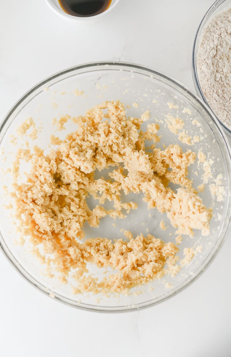 Butter and sugar mixture in mixing bowl.