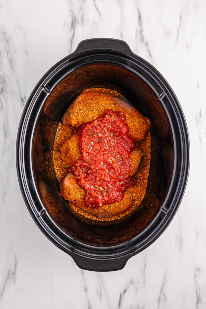 Seasonings and salsa are sptread on top of chicken in slow cooker.