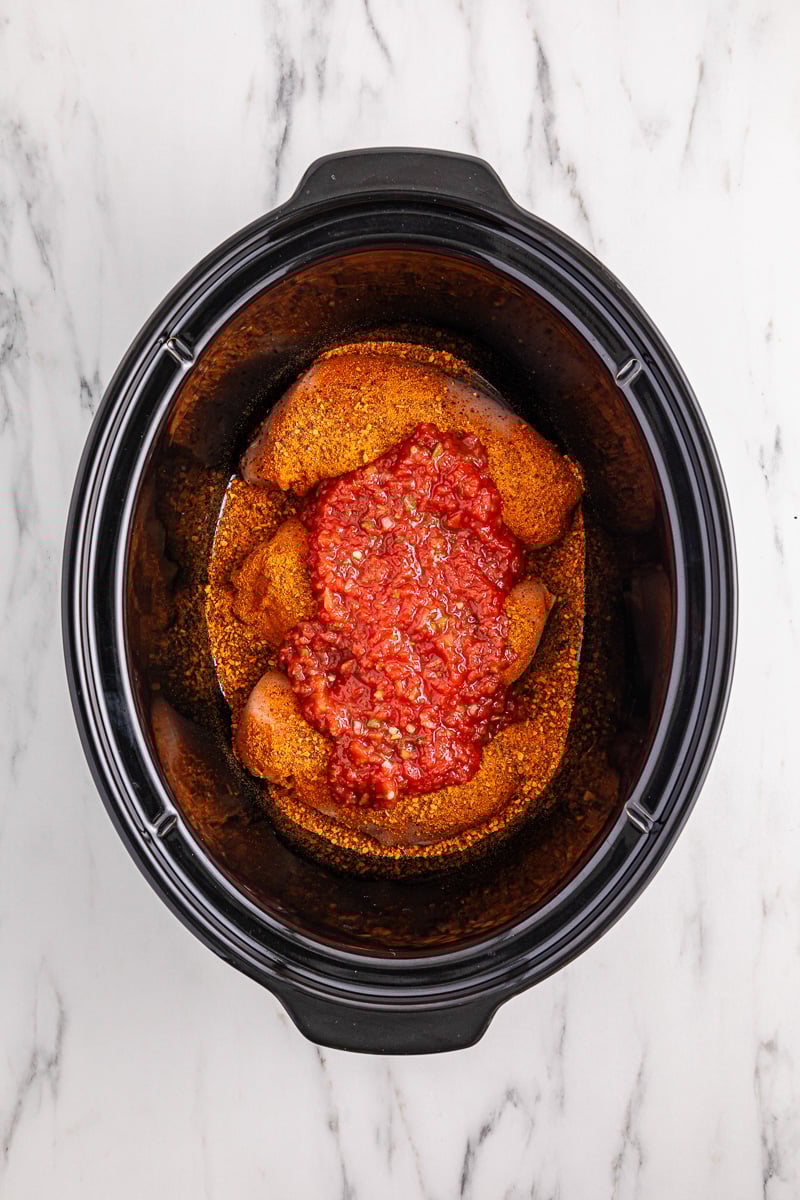 Seasonings and salsa are sptread on top of chicken in slow cooker.