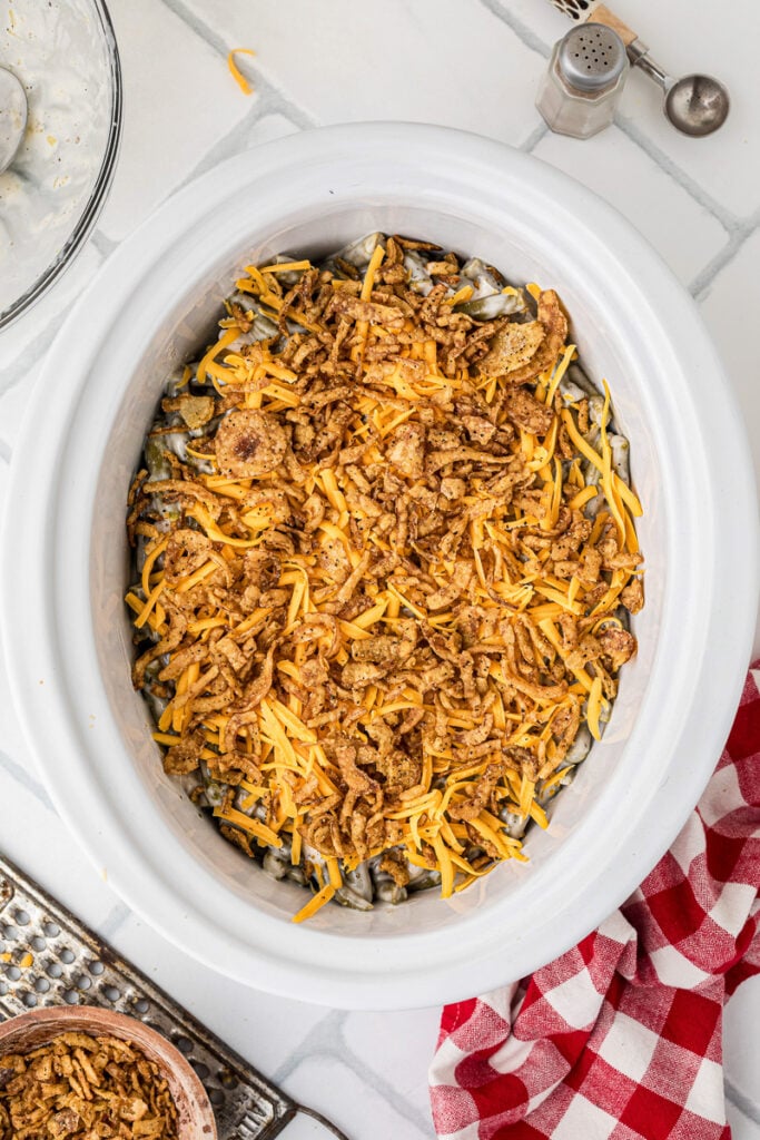 Finished dish of green bean casserole in slow cooker.