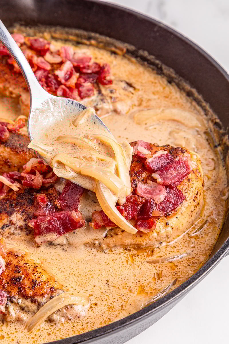 Gravy scooped up on a spoon.